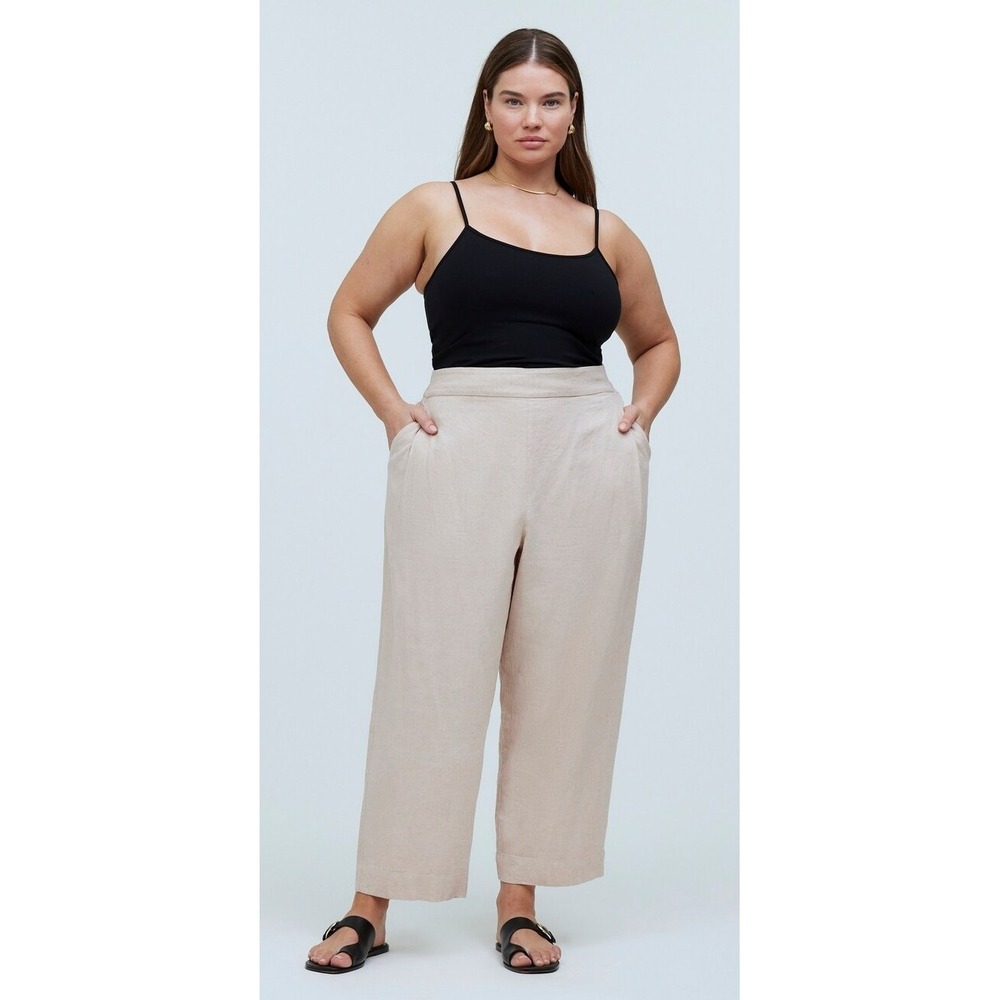 Madewell‎ Linen Blend Pull-On Straight Crop Pants 14 Natural Beige Vacation